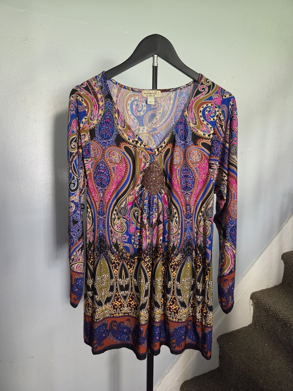 ONE WORLD Paisley V-Neck Long Sleeve Tunic Dress - Pink, Blue, Gold, Black